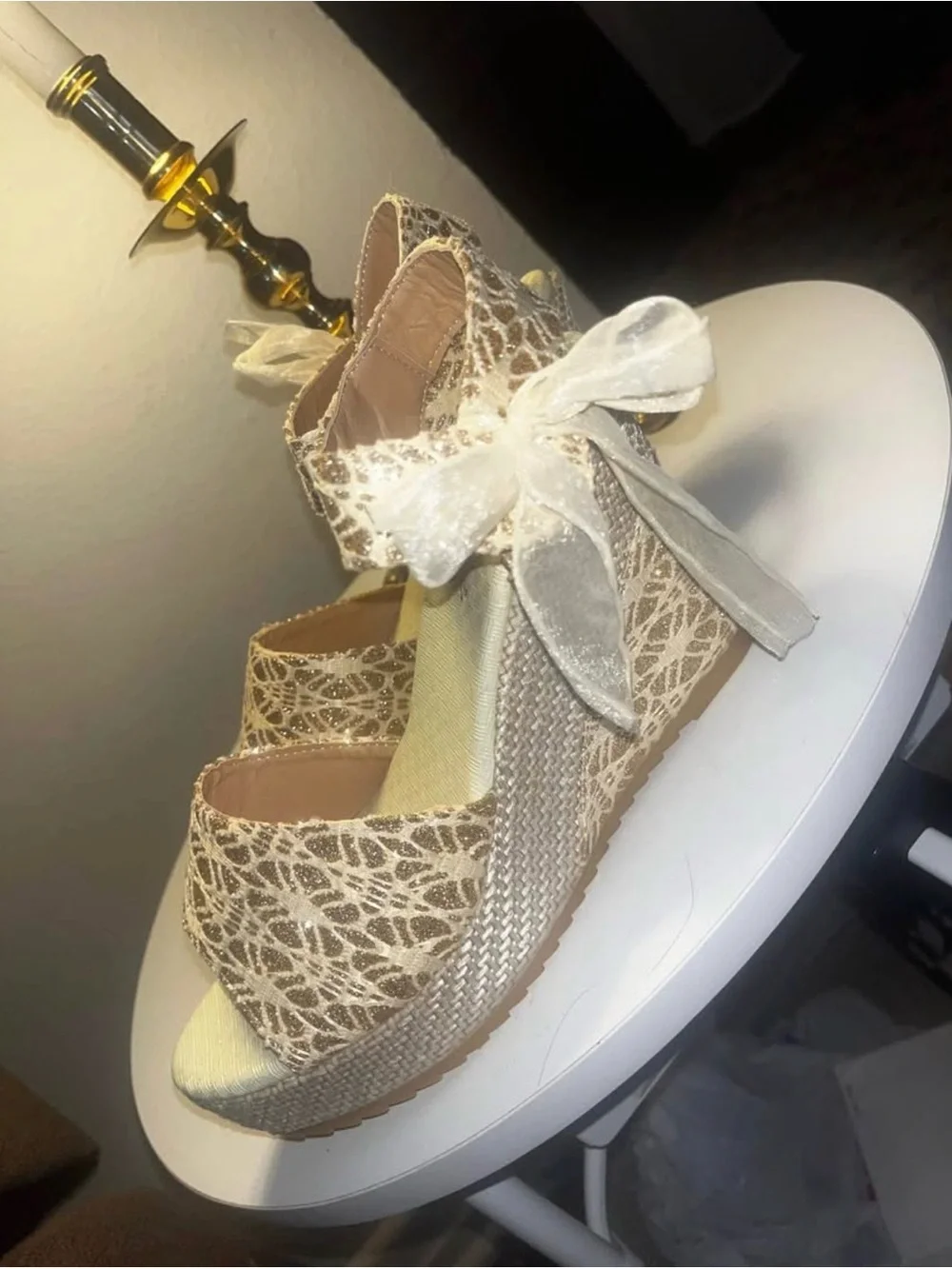 Women's Lace Overlay Wedge Sandals in Cream and Gold